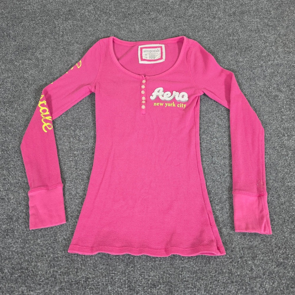 2000s Aeropostale Womens Pink Waffle Knit Henley Long Sleeve Graphic Top Size M